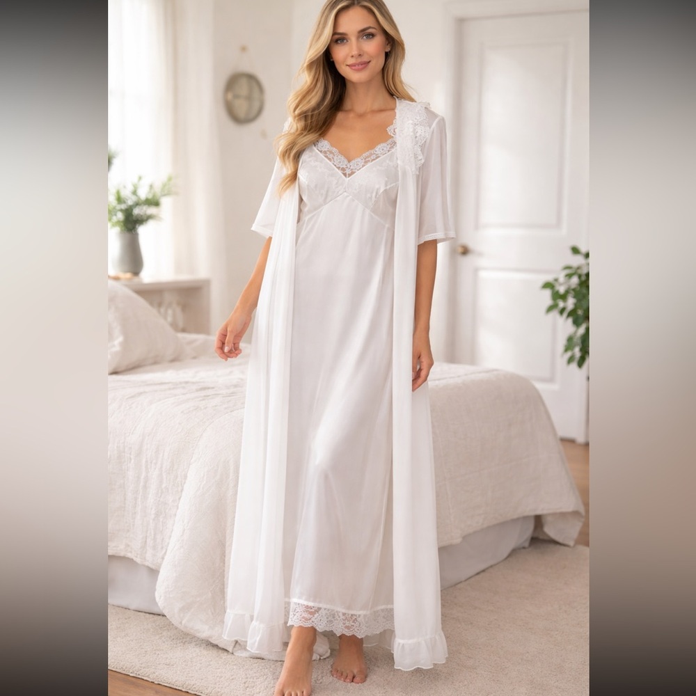 Vintage Sears Pin-up Peignoir Set Retro Romantic Bridal Sheer Boudoir white SZ L